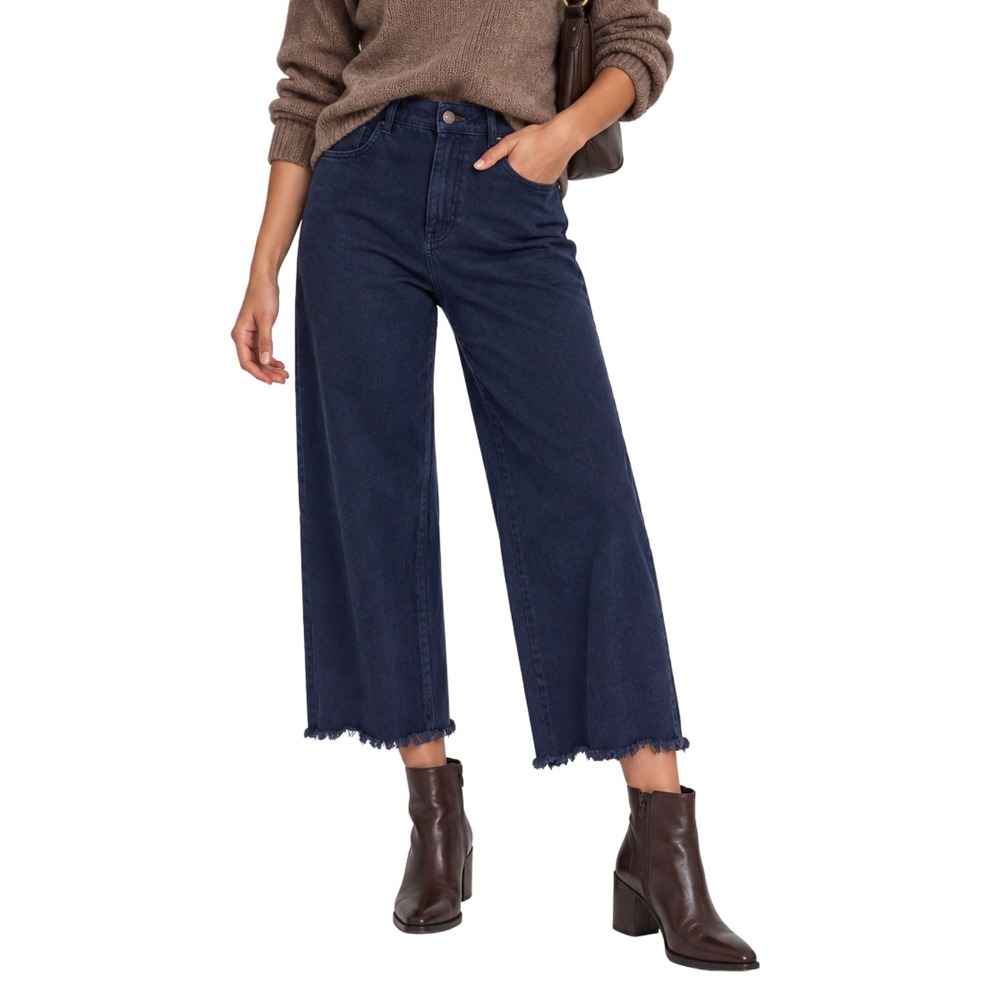 Anthropologie Pilcro Pants Womens 30 Blue Linen Blend Wide Leg Cropped Raw Hem